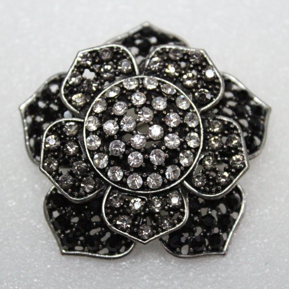 Silver Black and Clear Multi Level Flower Shaped Scarf or Bolo Slide